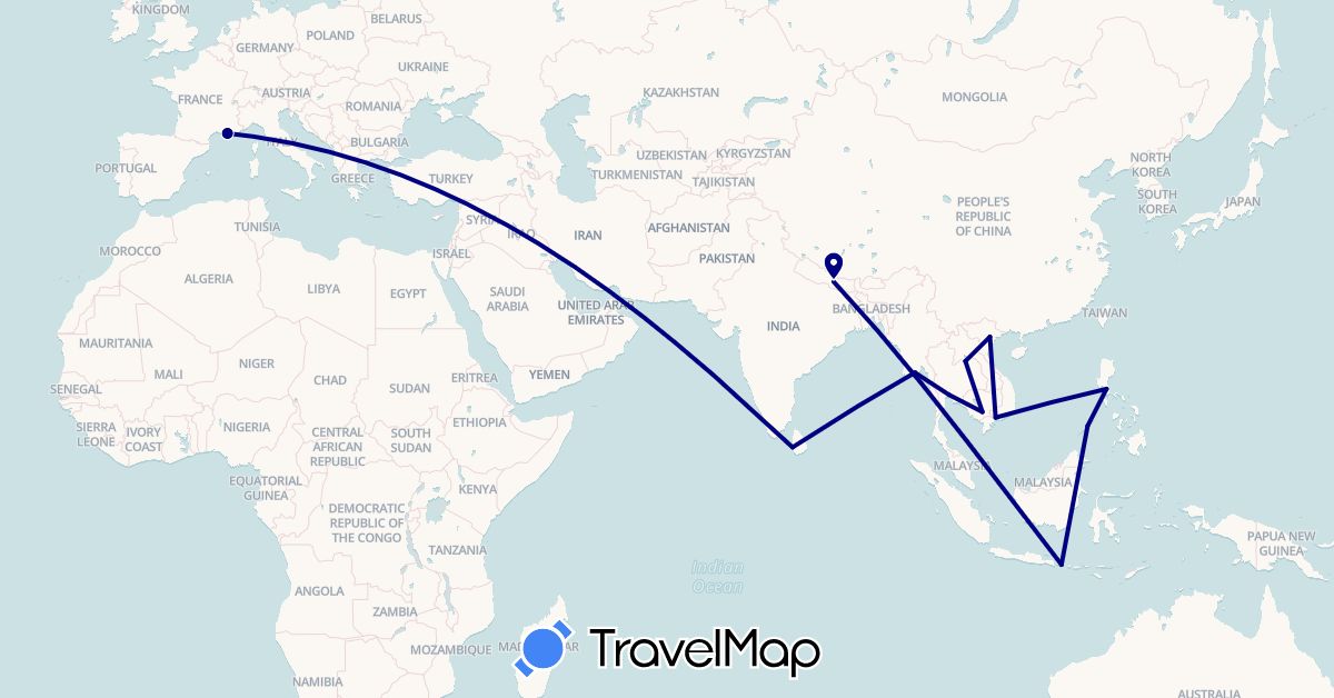 TravelMap itinerary: driving in France, Indonesia, Cambodia, Laos, Sri Lanka, Myanmar (Burma), Nepal, Philippines, Thailand, Vietnam (Asia, Europe)